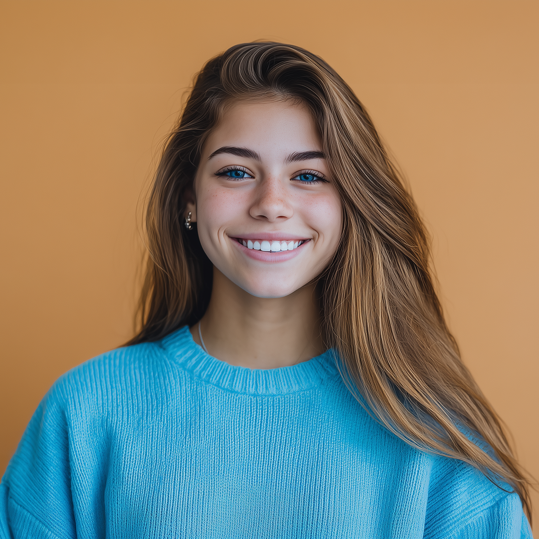 Woman with long brown hair, smiling, wearing a blue sweater, against an orange background.