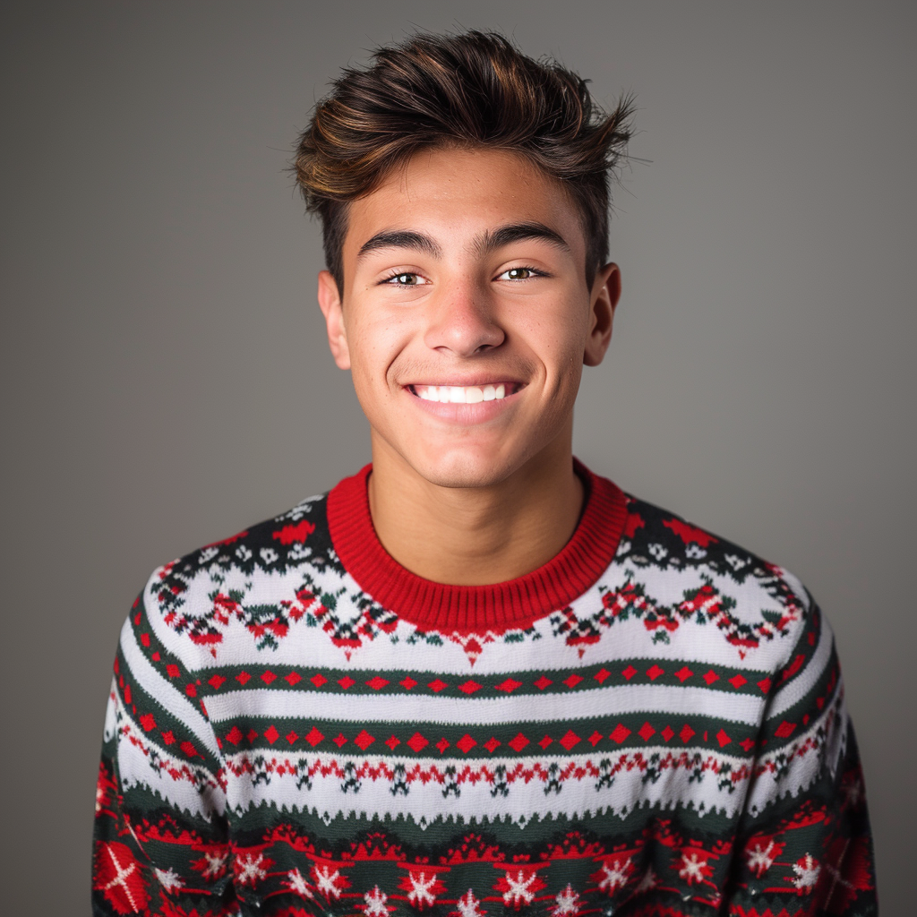 A young man wearing a christmas sweater is smiling for the camera.