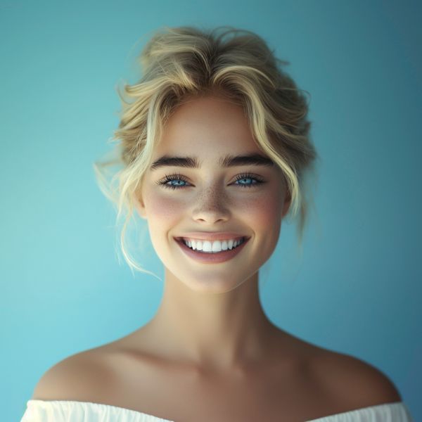 A woman with blonde hair and blue eyes is smiling for the camera