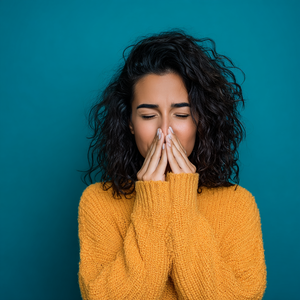 Woman in yellow sweater covering her nose with hands, eyes closed, against a teal background.