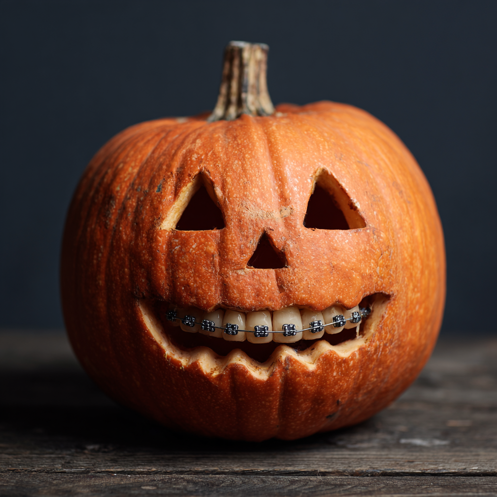 Orange pumpkin with a carved, smiling face and braces.