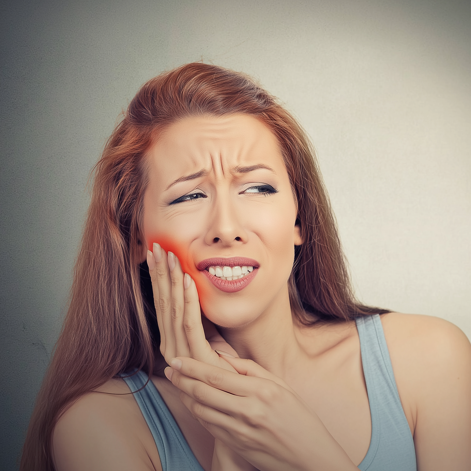 Woman with red mark on cheek, grimacing while holding her jaw in pain.