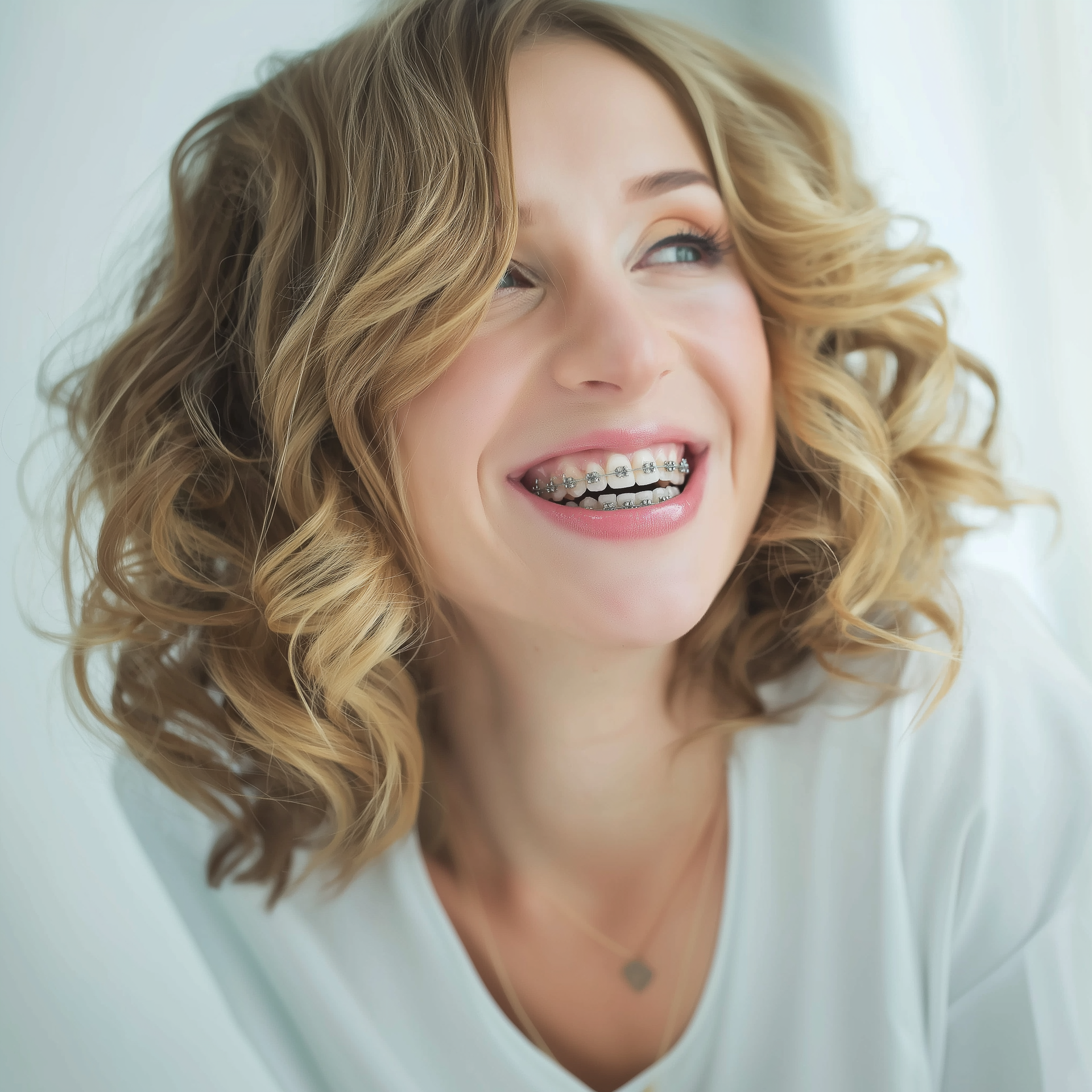 A smiling person with wavy blonde hair and braces, wearing a white shirt against a soft, bright background.