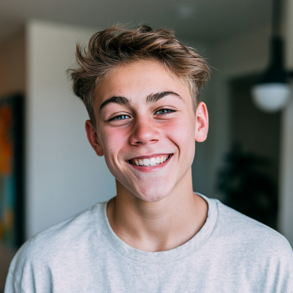 Smiling young person in a light gray shirt against a softly blurred indoor background