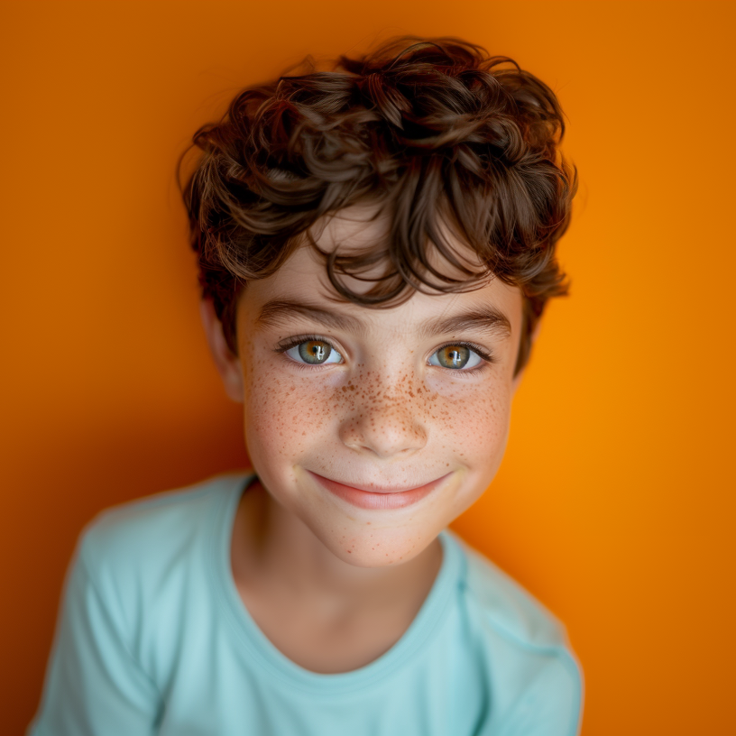 A young boy with curly hair and freckles is smiling for the camera.