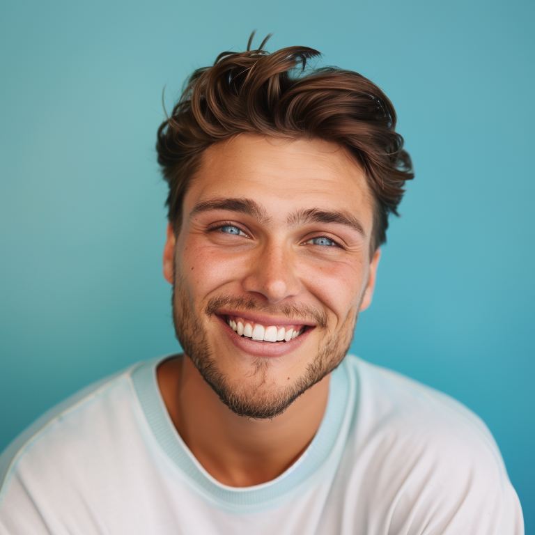 A young man with a beard is smiling in front of a blue wall.
