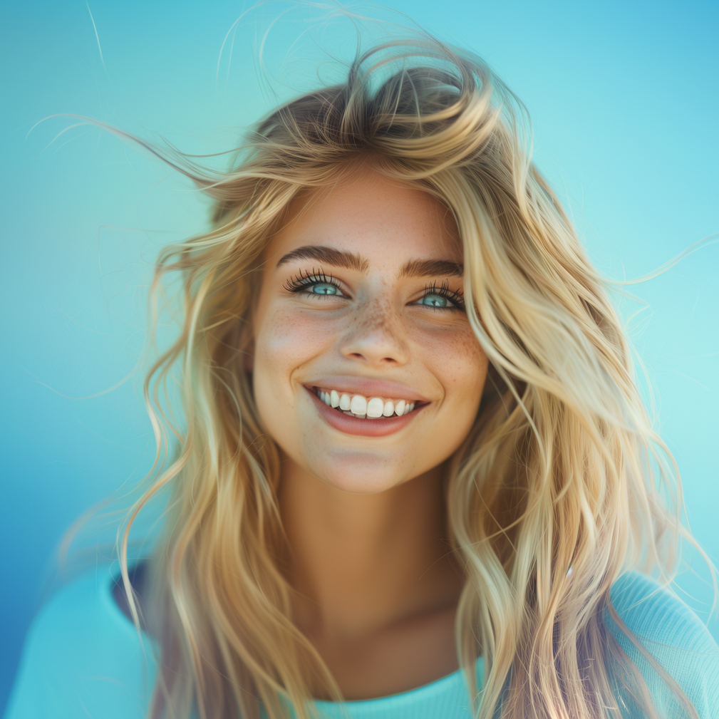 A woman with long blonde hair is smiling with her hair blowing in the wind.