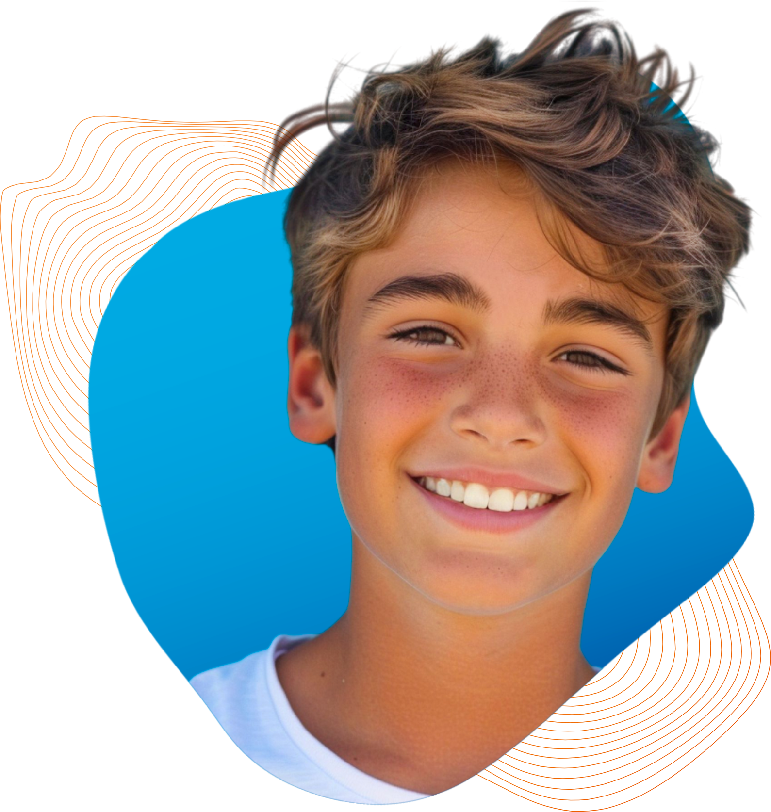 A young boy is smiling in front of a blue background.