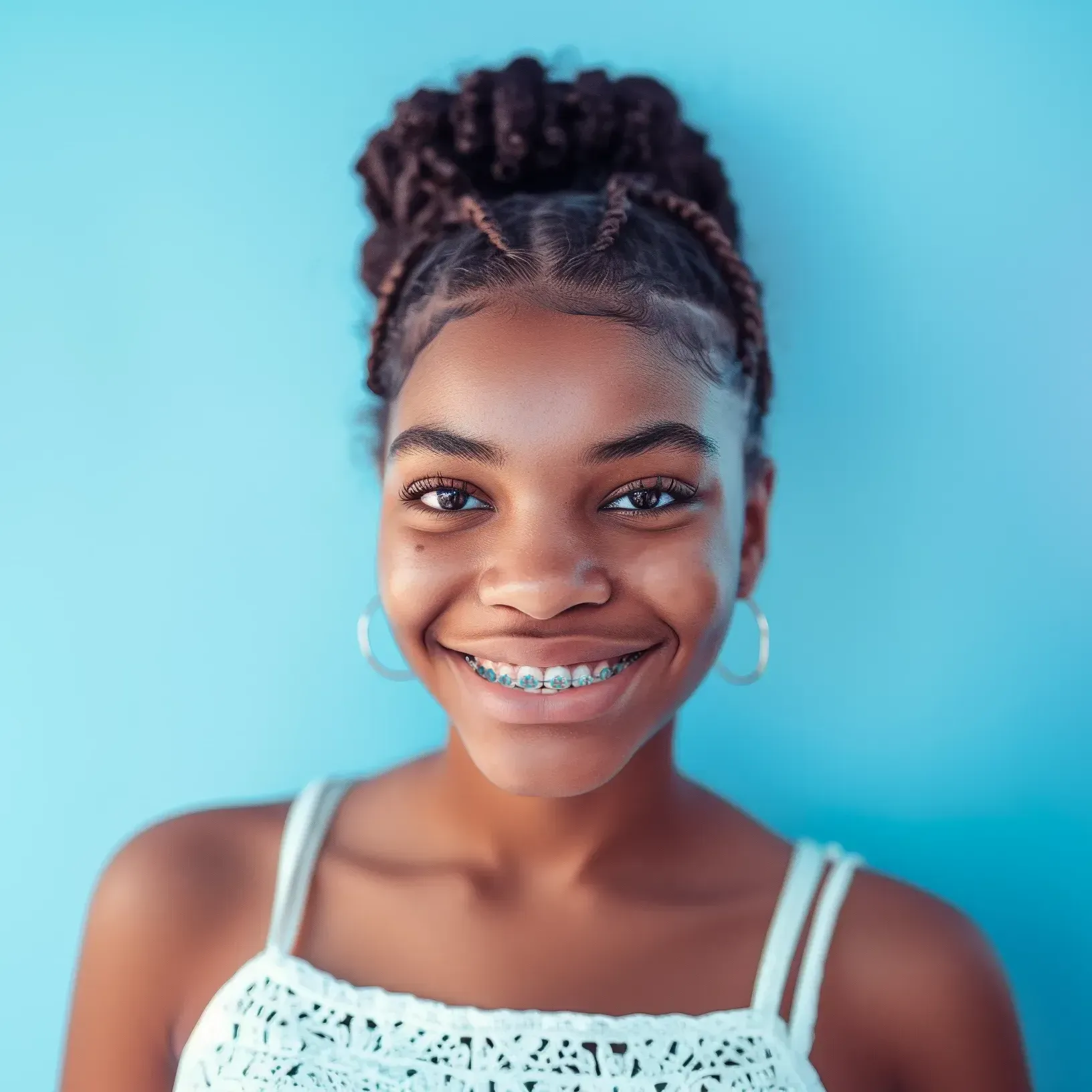 A young woman with braces on her teeth is smiling for the camera.