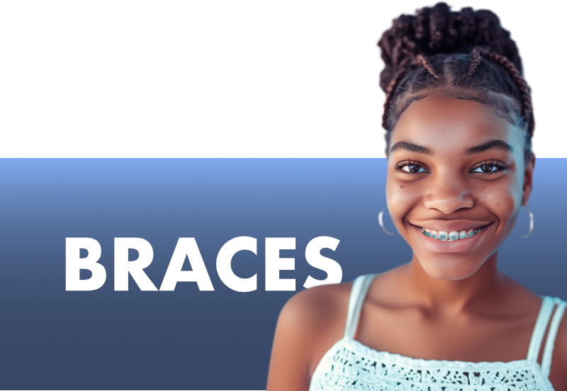 A girl with braces is smiling in front of a banner that says braces