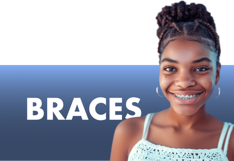 A girl with braces is smiling in front of a banner that says braces