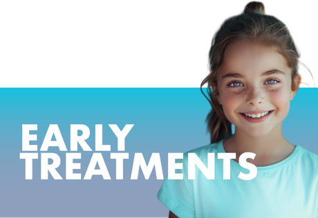 A little girl is smiling in front of a sign that says early treatments