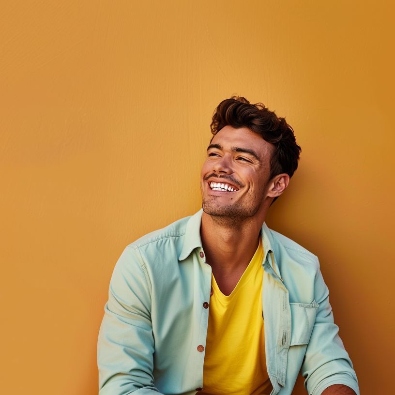 A man wearing a yellow shirt and a green shirt is smiling against an orange wall.