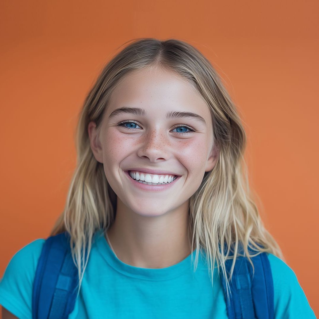 Smiling teenage girl with blonde hair, blue eyes, and a backpack, against an orange background.