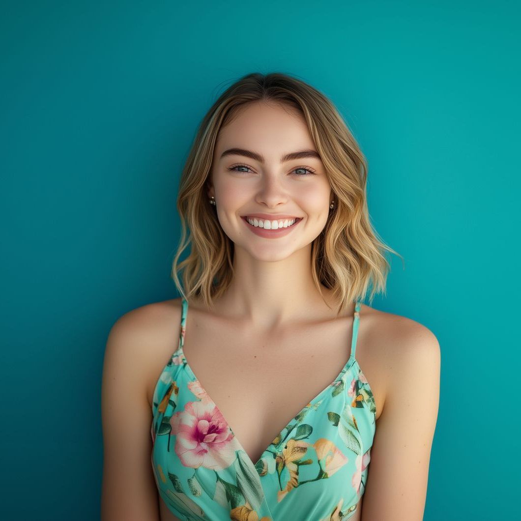 A woman in a floral dress is smiling in front of a blue wall.