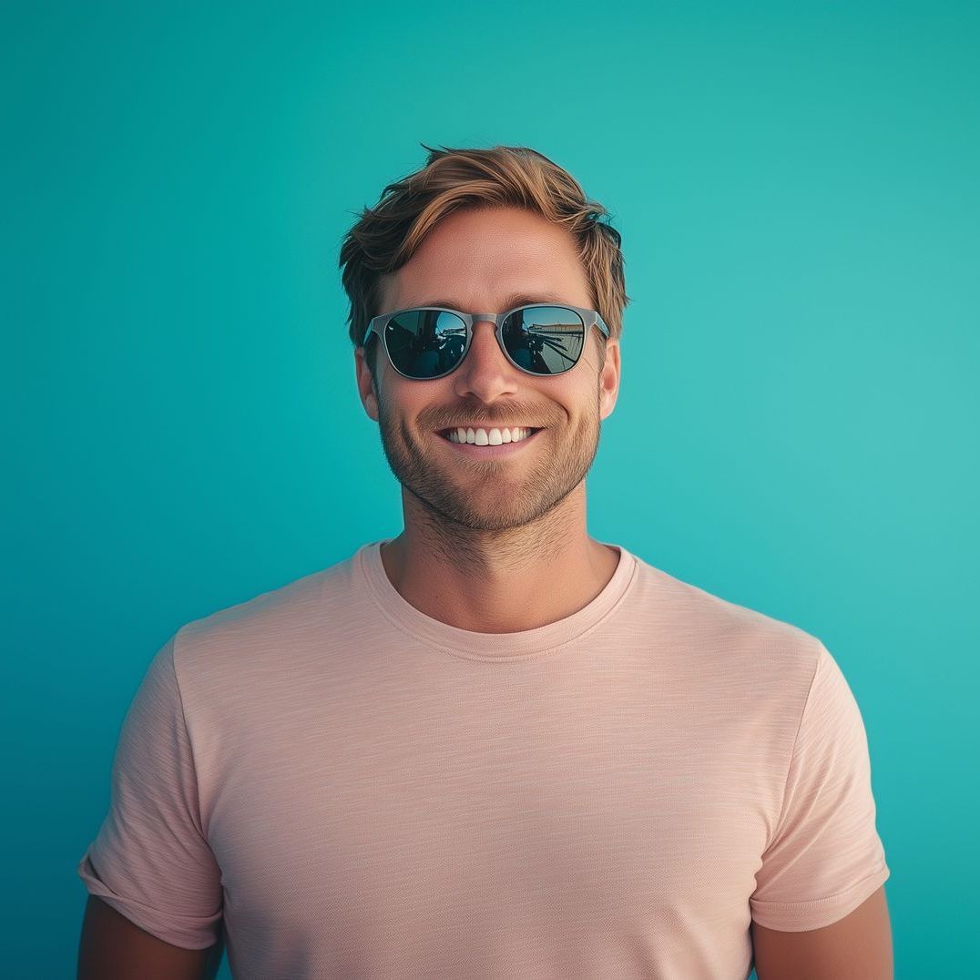A man wearing sunglasses and a pink shirt is smiling in front of a blue wall.