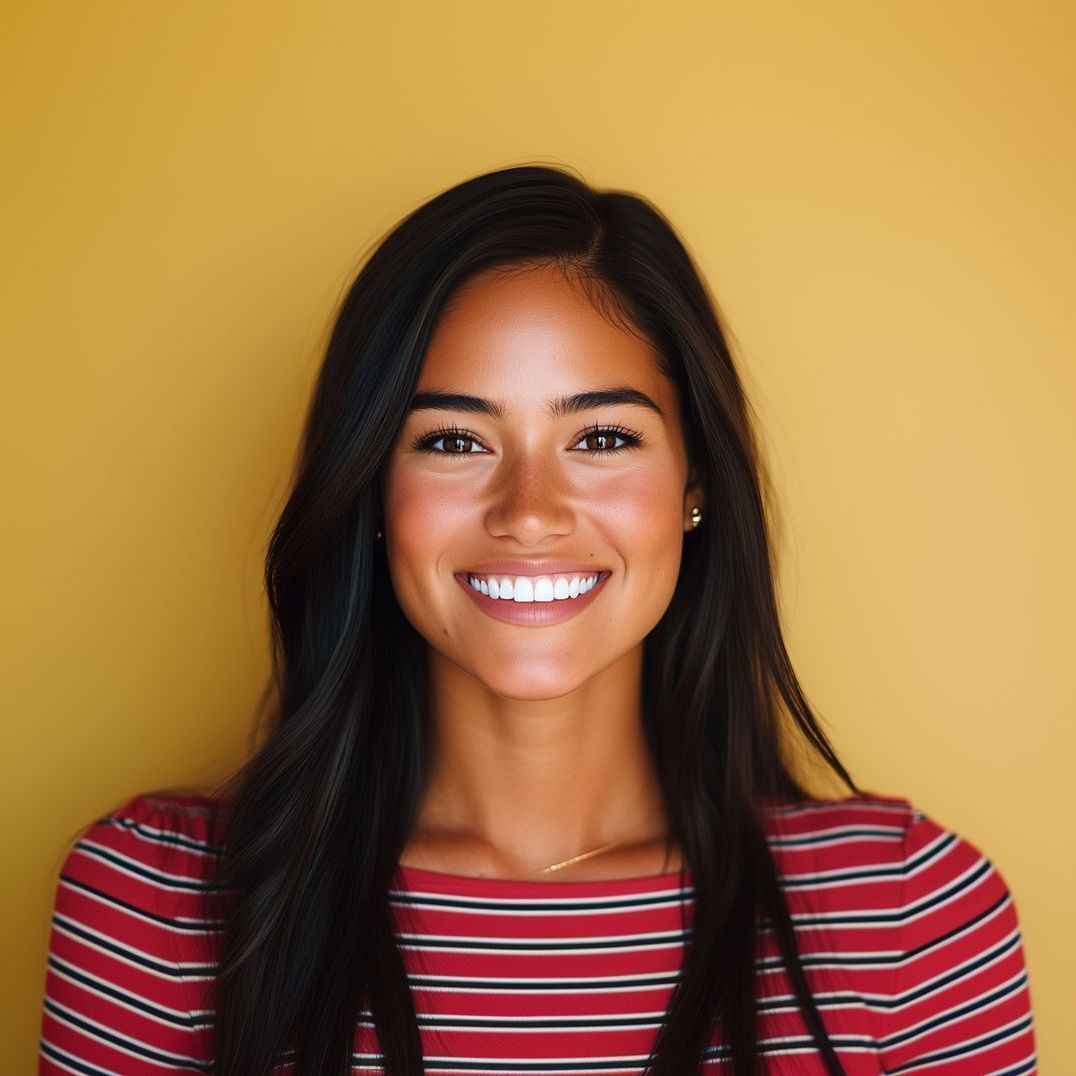 A woman in a striped shirt is smiling on a pink background.