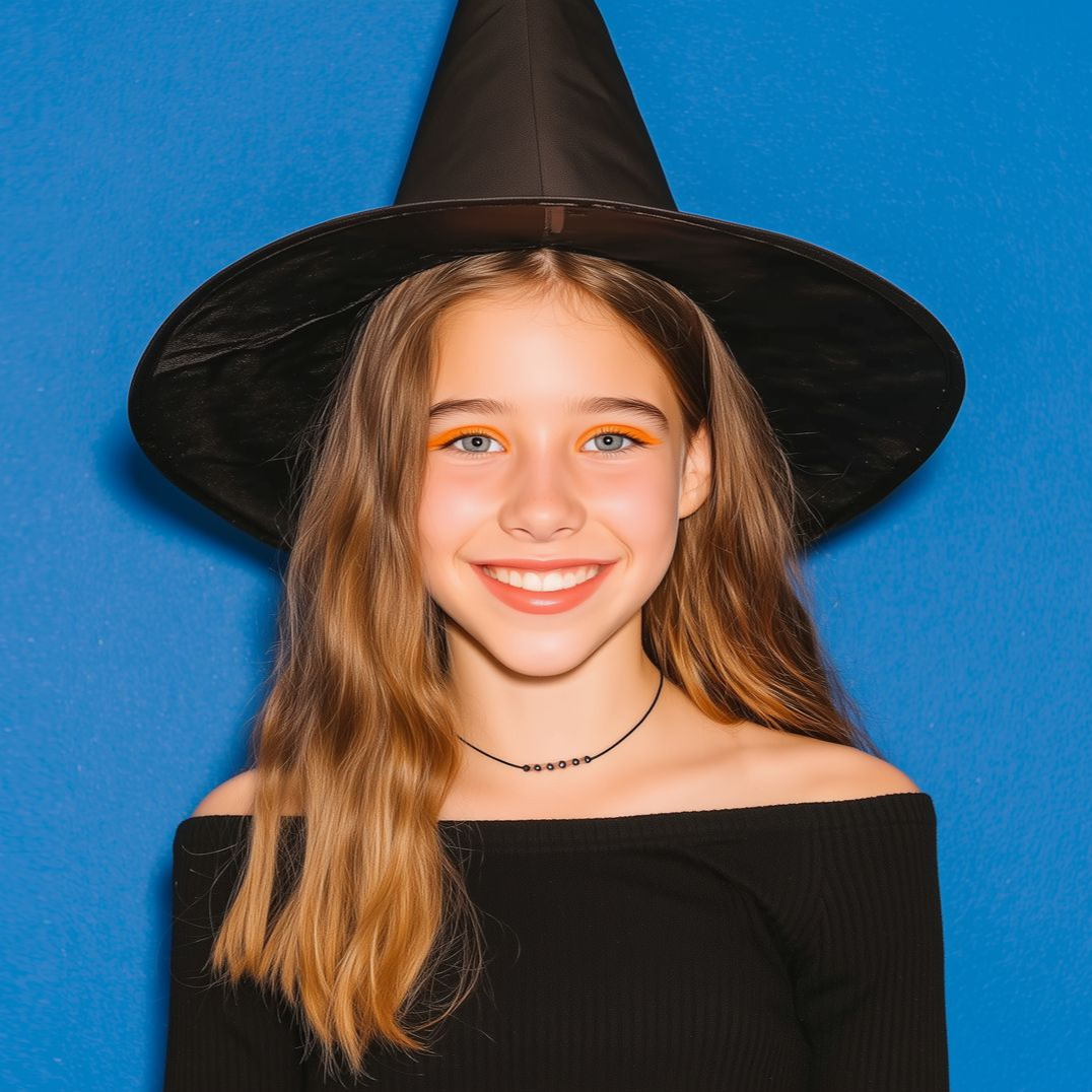 Girl in witch hat smiles at camera against a blue background. She wears black clothing.