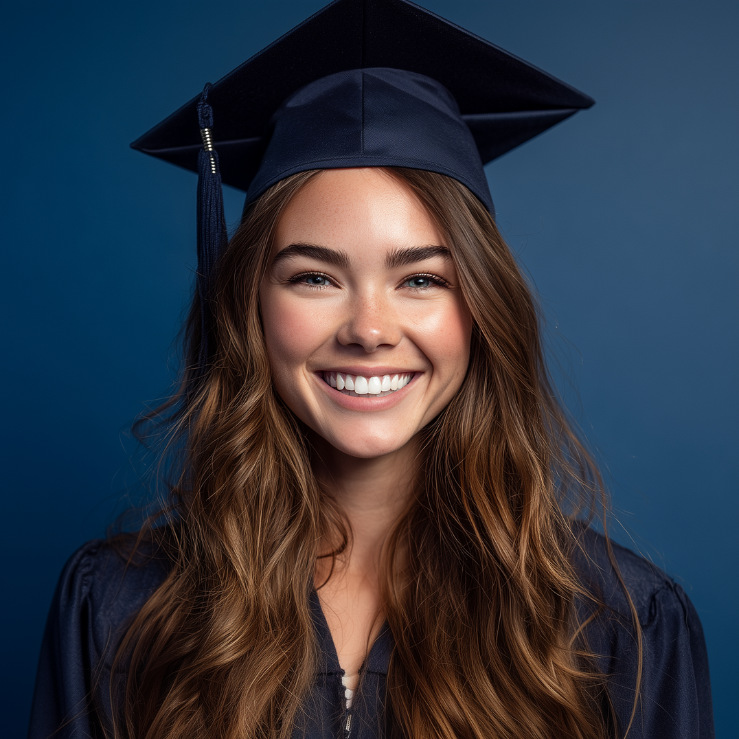 Smiling graduate in navy cap and gown against a blue background