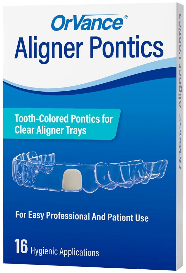 A box of orvance aligner pontics tooth colored pontics for clear aligner trays.