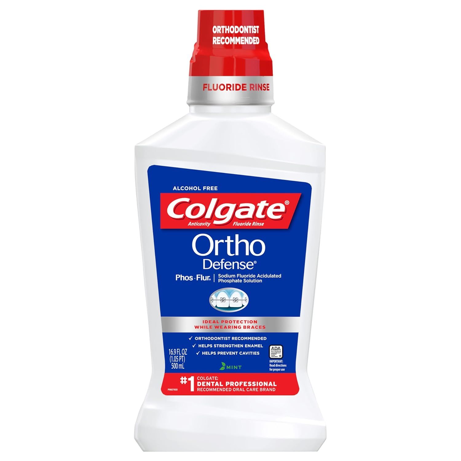 A bottle of colgate ortho defense mouthwash on a white background.