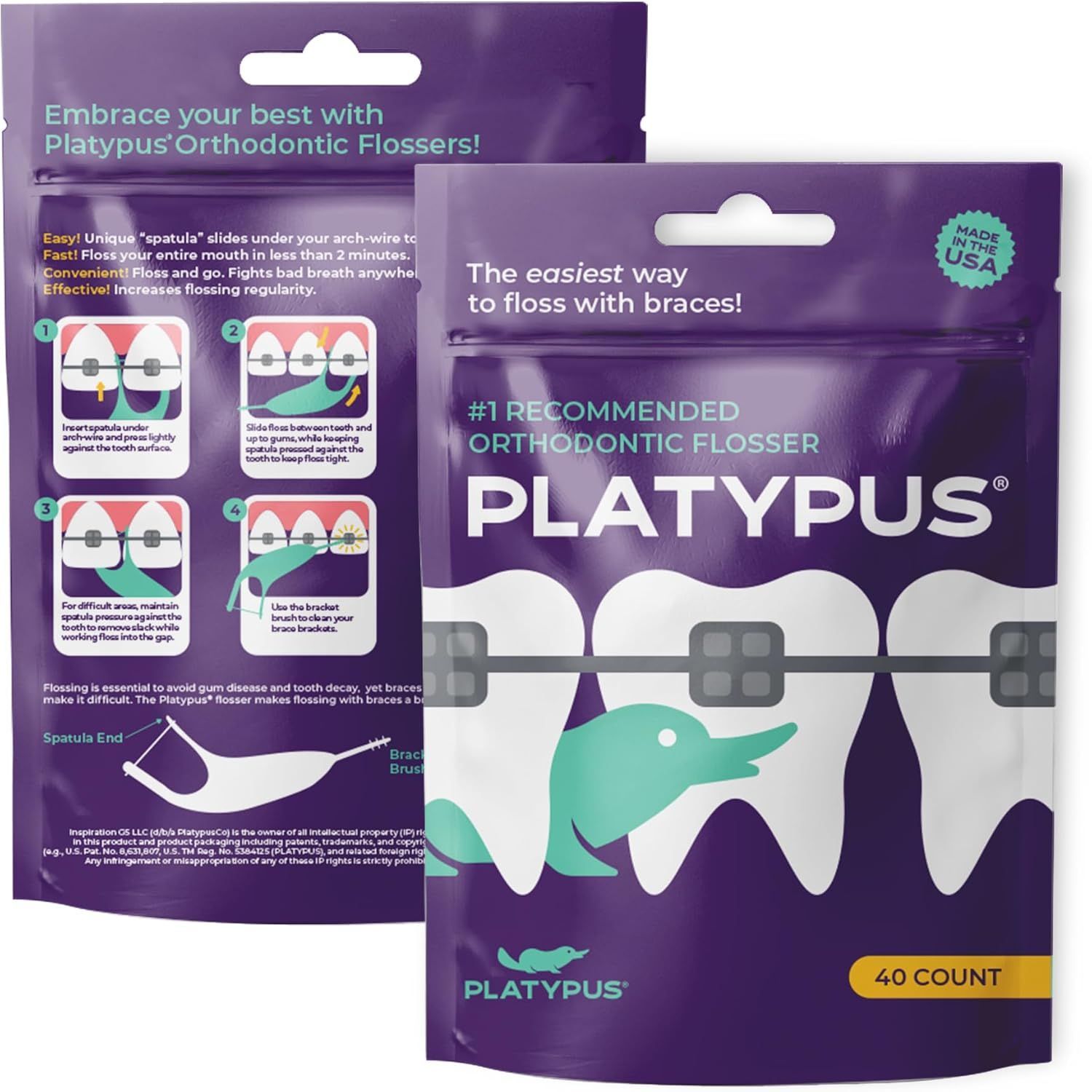 A bag of platypus orthodontic floss with instructions on how to use it