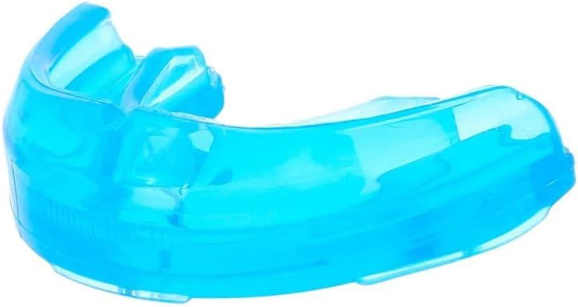 A blue mouth guard is sitting on a white surface.