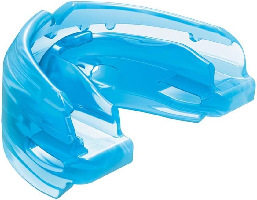 A blue mouth guard is shown on a white background