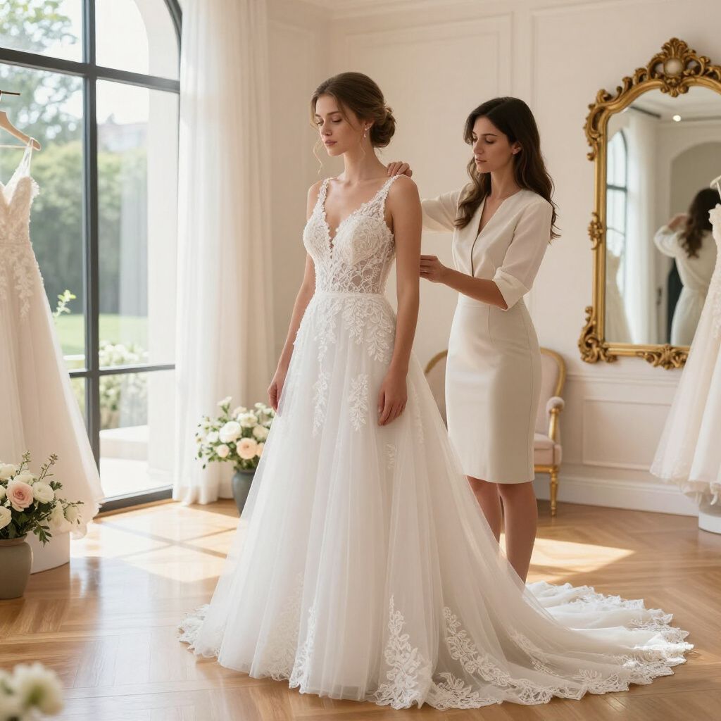 Donna che prova l'abito da sposa; stilista che lo sistema. Negozio di abiti da sposa, luce del sole.