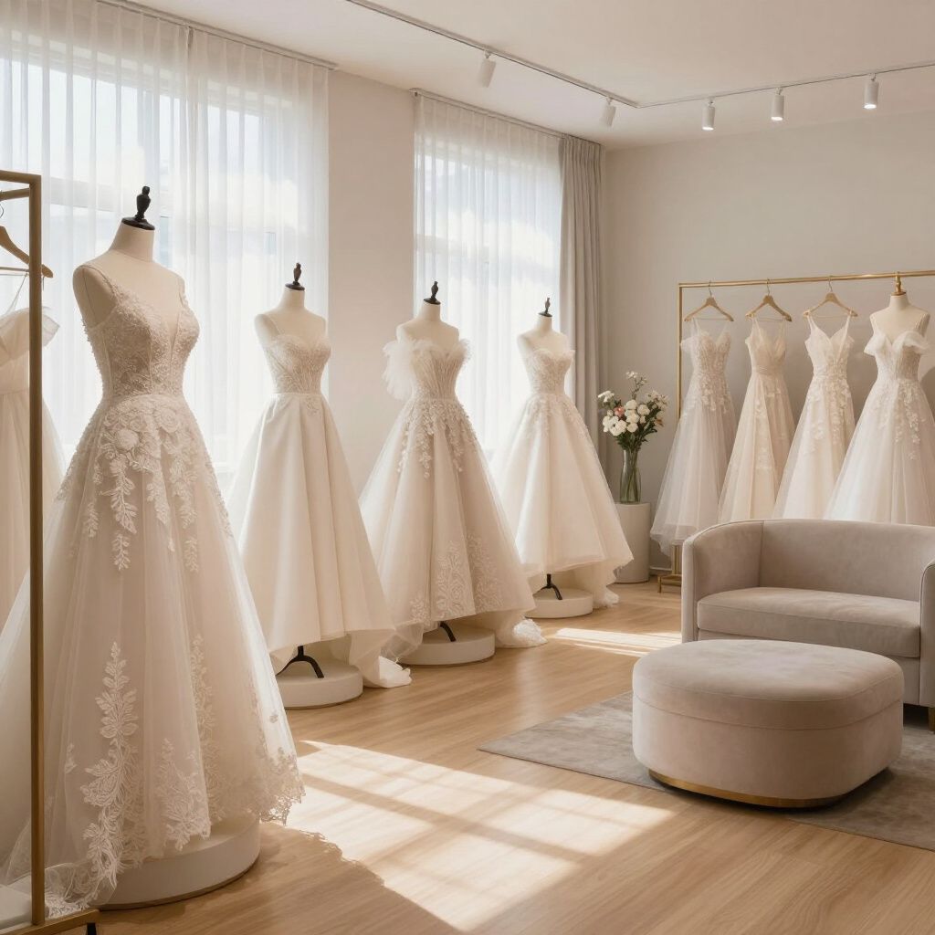 Interno di un negozio di abiti da sposa con abiti su manichini e una zona salotto.