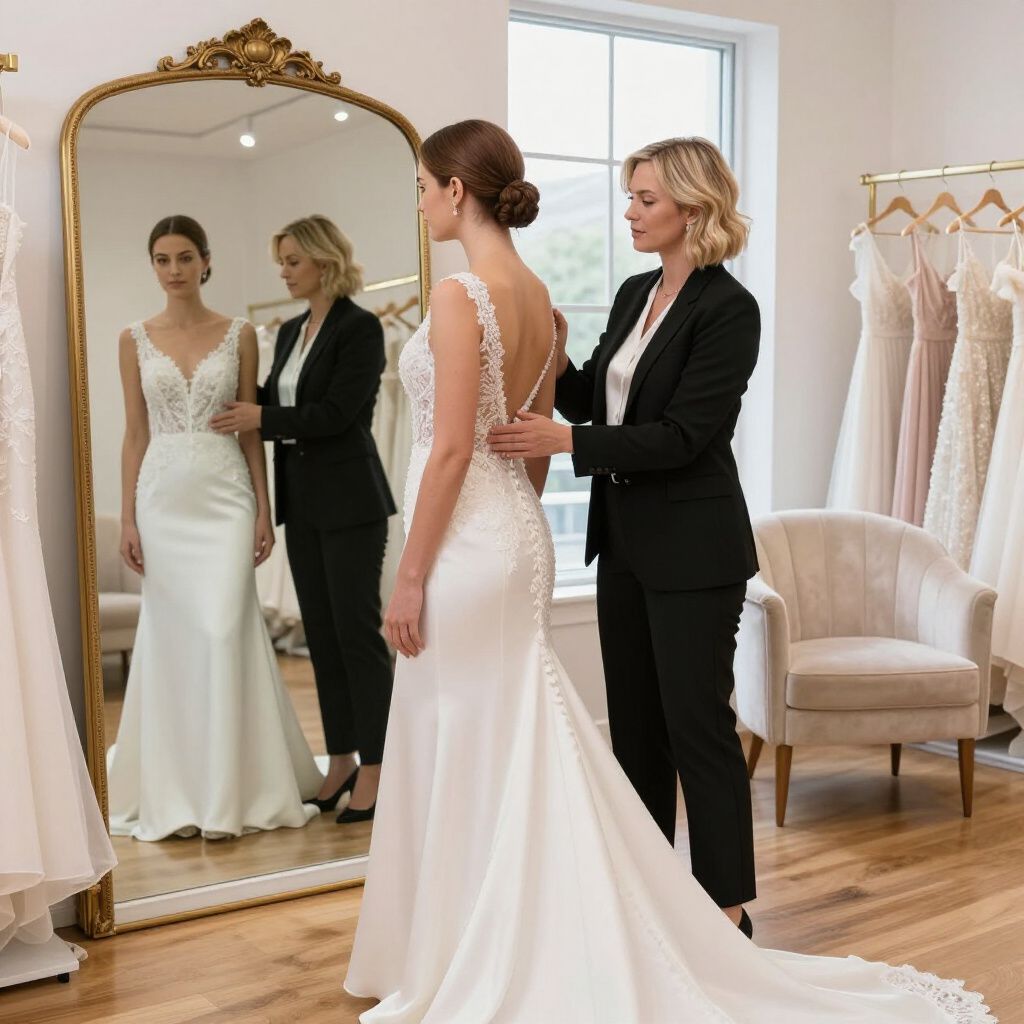 Una donna in abito da sposa si fa provare l'abito da uno stilista in una boutique di abiti da sposa. 