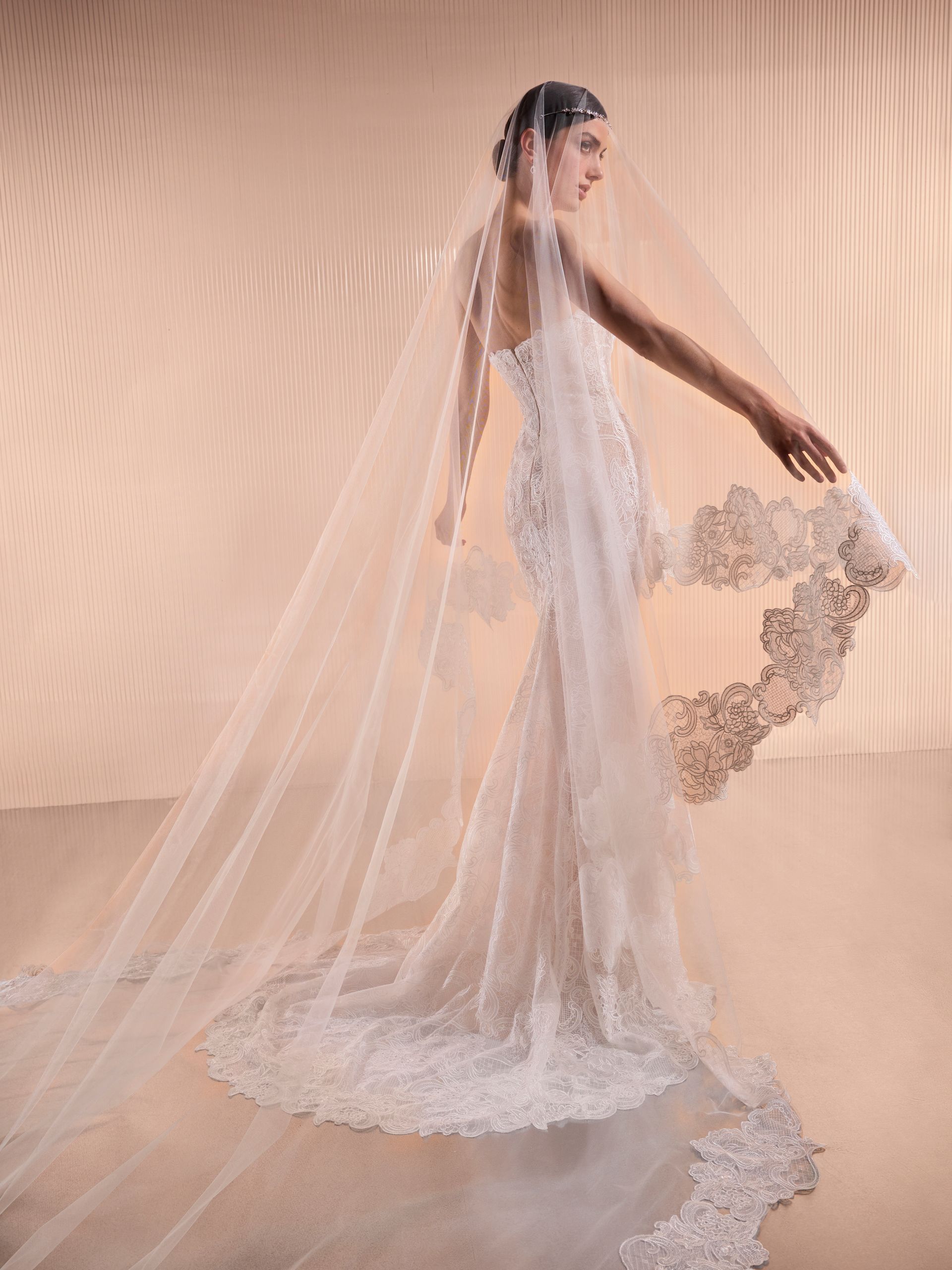 Donna con abito da sposa bianco e lungo velo orlato di pizzo.