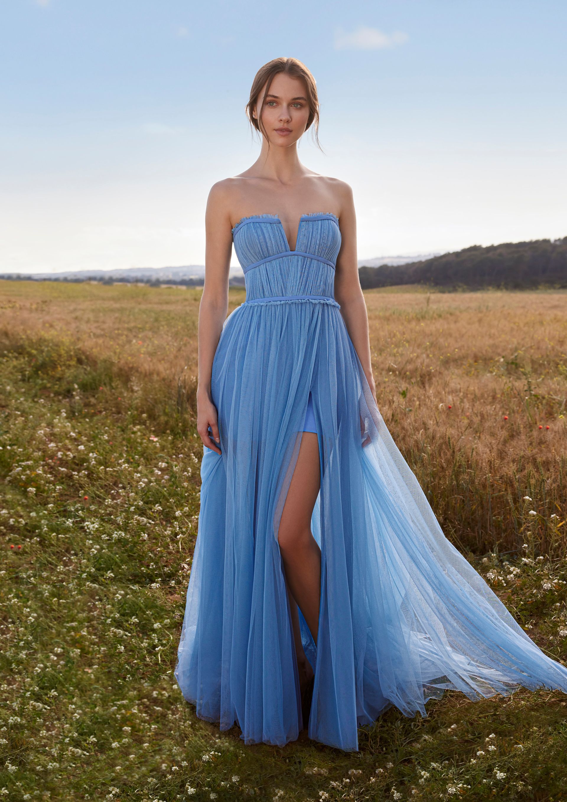 Donna in abito blu senza spalline con spacco fino alla coscia, in piedi in un campo.