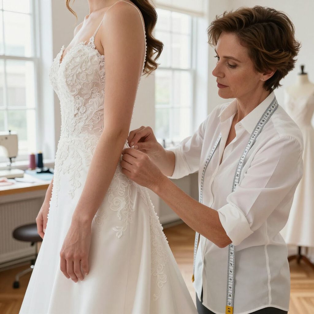 Una sarta sistema l'abito da sposa di una sposa in uno studio luminoso.