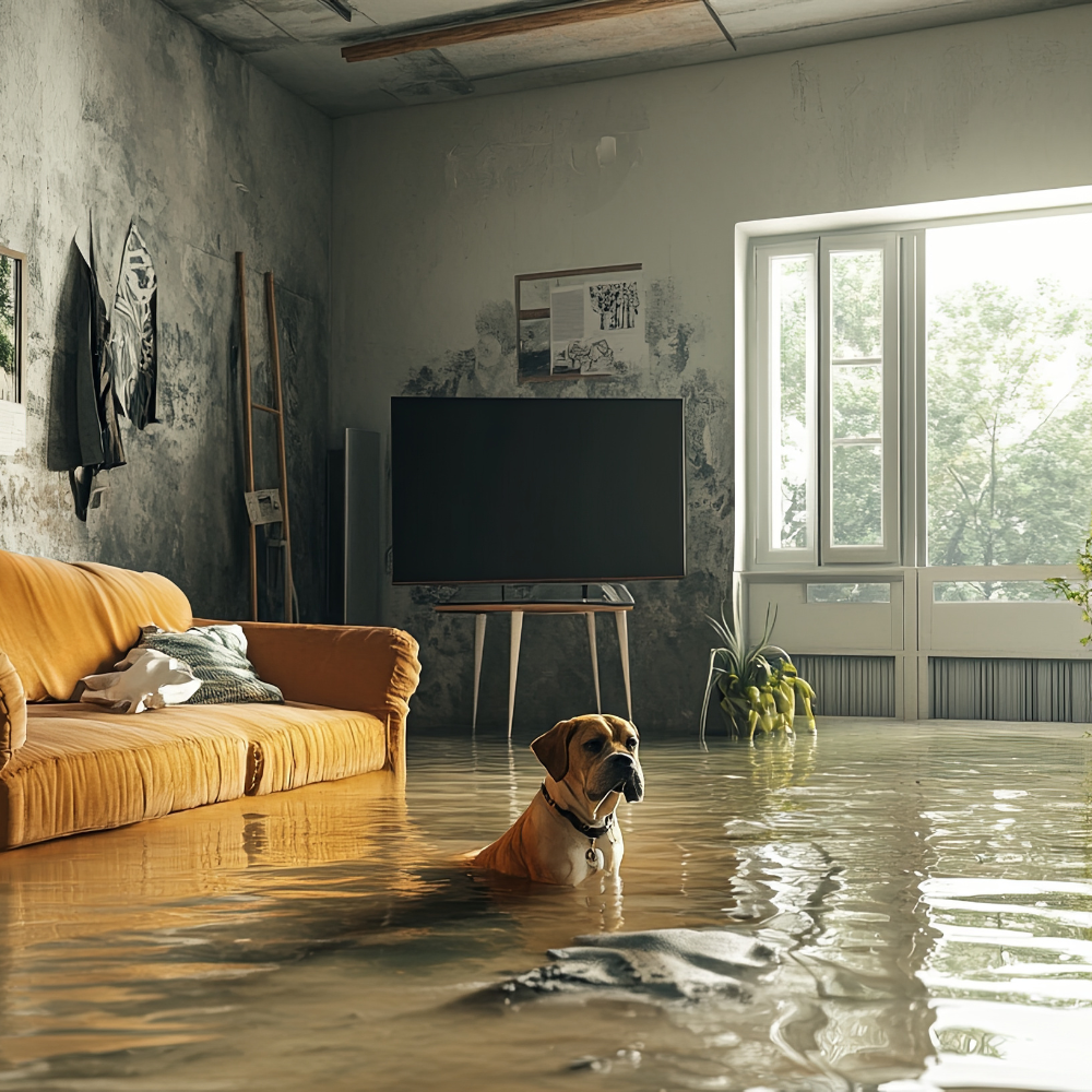 Dog in floodwater inside a living room with a couch and TV.