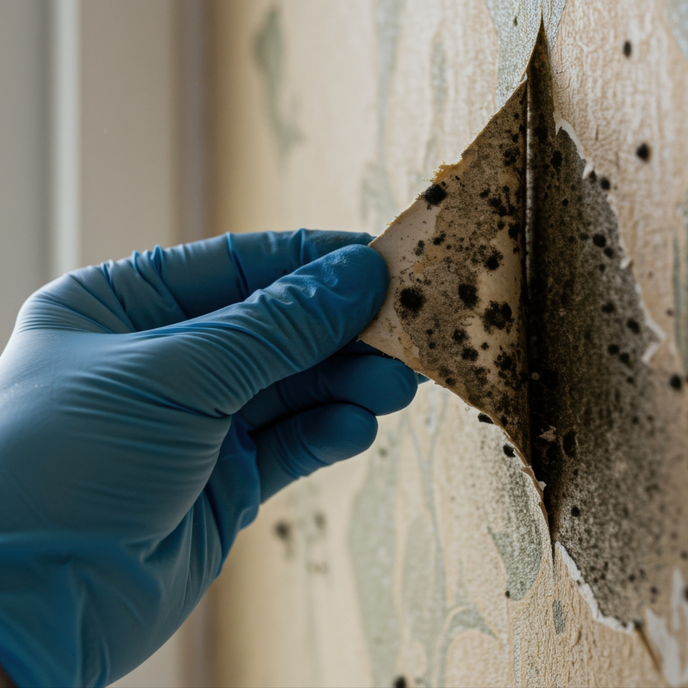 Gloved hand peels back wallpaper, revealing mold growth.