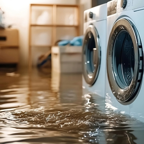 Laundry room flooded with brown water, washer and dryer submerged.