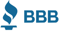 Blue BBB logo with flame symbol.