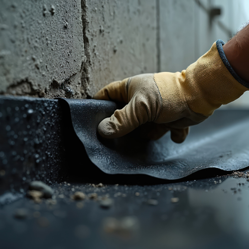 Gloved hand installing black waterproofing membrane against a concrete wall.