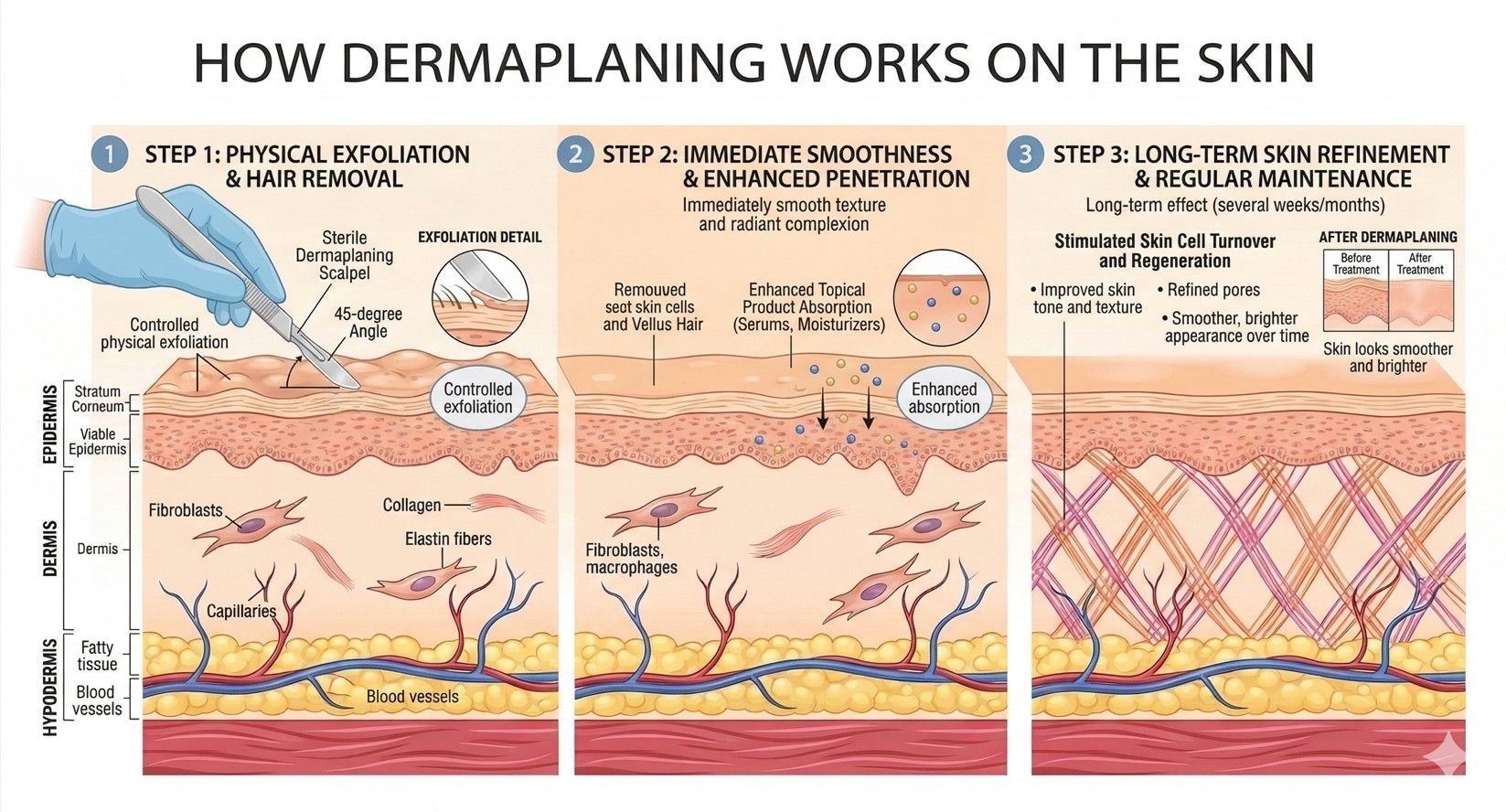 infographic explaining how dermaplaning works on the skin