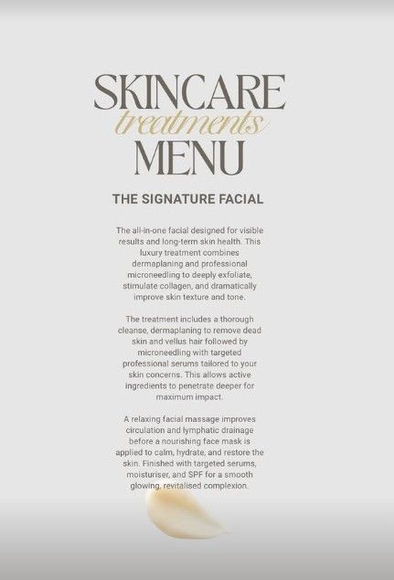The Skin Studio Signature Facial menu