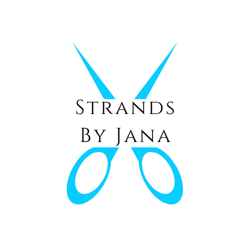 A logo for strands by jana with a pair of scissors