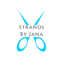 A logo for strands by jana with a pair of scissors