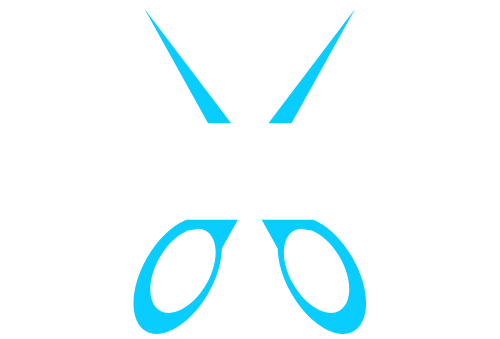A pair of blue scissors on a white background.