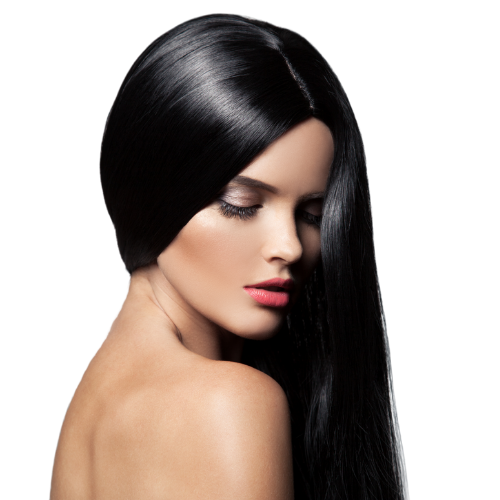 A woman with long black hair and red lips