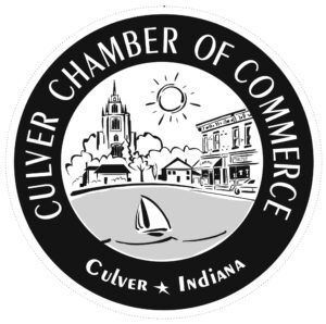 Culver Chamber of Commerce logo featuring local buildings, a sailboat, and text in a circular design.