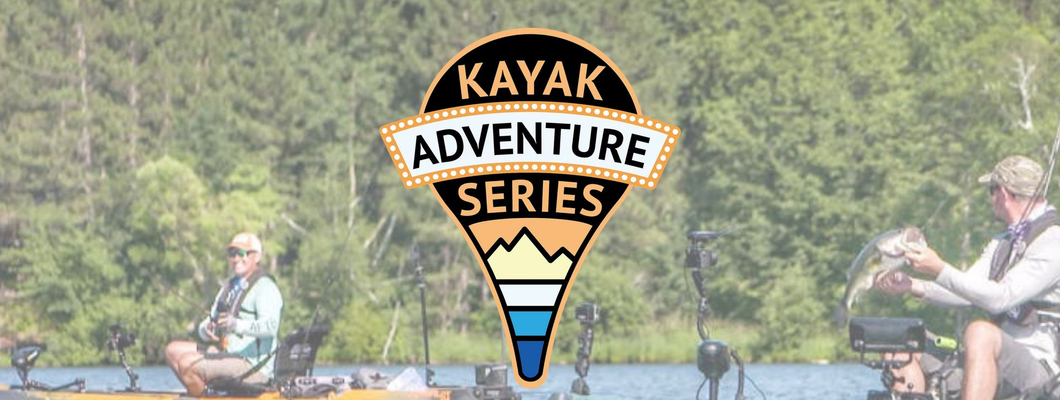 Kayak Adventure Series logo over two kayakers on a river with forested hills behind them