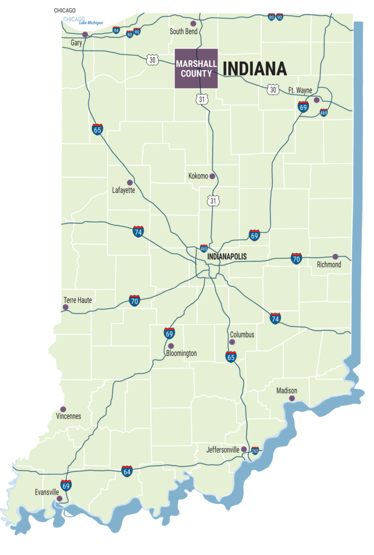 Map of Indiana with highways and cities marked.