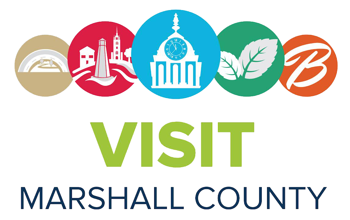 Visit Marshall County logo: colorful circular icons above green 