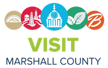 Visit Marshall County logo: colorful circular icons above green 